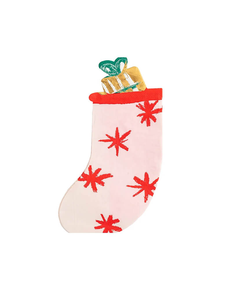 These pretty pink christmas stocking napkins from My Minds Eye will be a fun and merry guest favorite this year.Cozy looking die cut stocking shape is soft and whimsical and a beautiful table piece. The napkins are a modern pink color with red starbursts and even a stuffed toy with gold foil accents and a green bow! There are 18 napkins sized 4.5 x 6.5 inches at momoparty.com