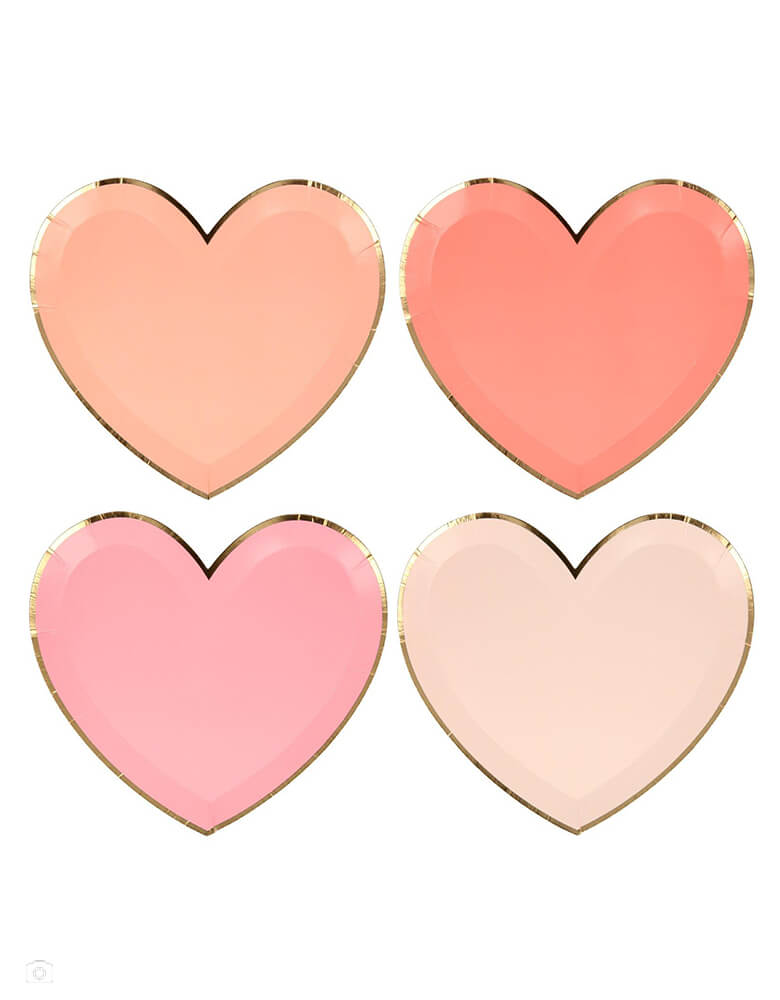 Meri Meri  pink tone large die cut heart shaped party plate set in 4 shades of pink including coral, pink, peach and blush with gold foil detail on the edge, perfect for a Valentine's Day or Galentine's Day celebration, wedding, bridal shower, engagement party or any girly themed birthday party.