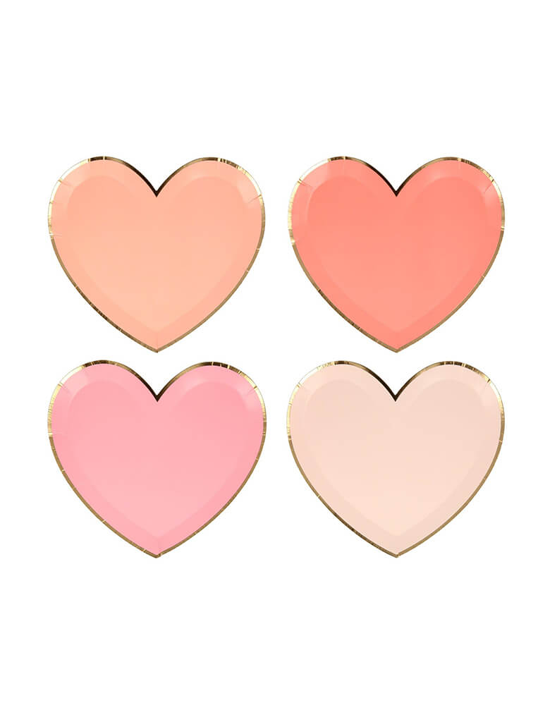 Meri Meri pink tone small die cut heart shaped party plate set in 4 shades of pink including coral, pink, peach and blush with gold foil detail on the edge, perfect for a Valentine's Day or Galentine's Day celebration, wedding, bridal shower, engagement party or any girly themed birthday party.