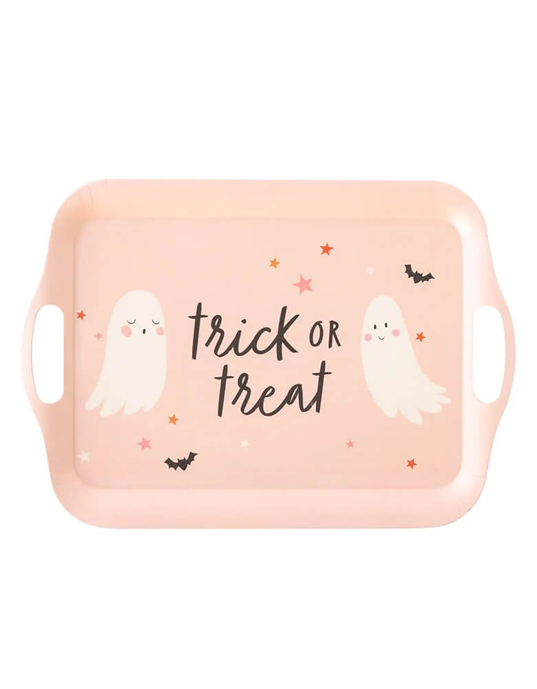 My Mind's Eye soft pink Trick or Treat Boo Bamboo Reusable Tray featuring ghost, bats and star designs, Great for your Halloween charcuterie board or treat board, It will be sure to delight all your little ghosts and goblins! 