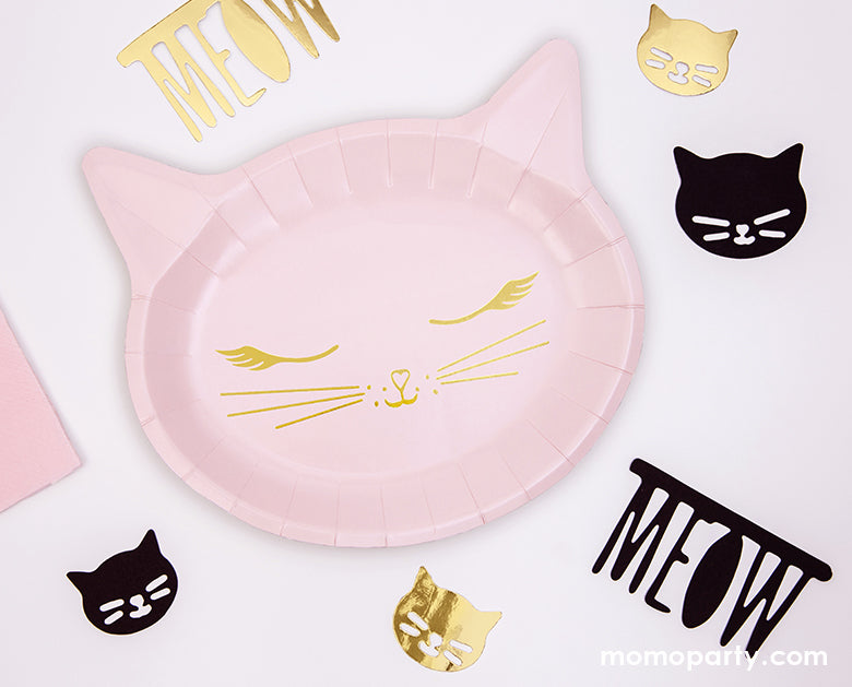 Party Deco Pink Cat Plates with gold and black cat themed confetti around