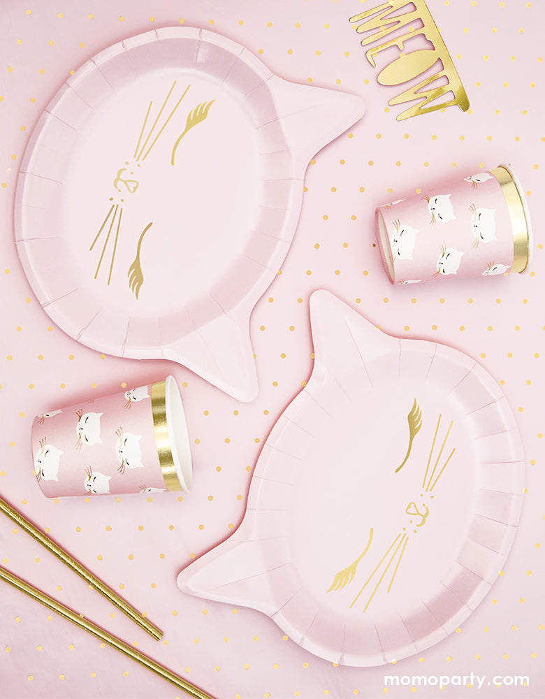 Pink kitty Cat party table idea with Party Deco Pink Cat Plates and cups, gold straw, Meow gold letter confetti on a pink dots tablecloth. These Cat plates featuring a cat head shaped die cut plate, with gold foil details. These cute modern designed party wares are perfect for Girls Cat Birthday Party Pack For 6 People, Cat Birthday Decorations, Kitty cat birthday party, Girls sleepover party. Kitty Cat Birthday Party
