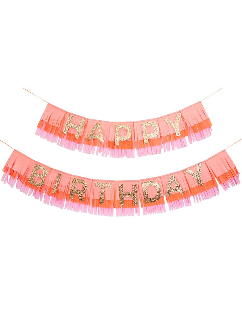 Meri Meri Pink Happy Birthday Fringe Garland. 8ft long. There are two layers of tissue paper are folded together before being cut into fringing ,The fringed pennants are made of pink, peach and coral tissue paper, The glittered letters are pre-threaded onto cord, and the fringing is stitched together with peach satin ribbons. This beautiful Happy birthday garland is the perfect decoration to let the special birthday girl or boy know you care!