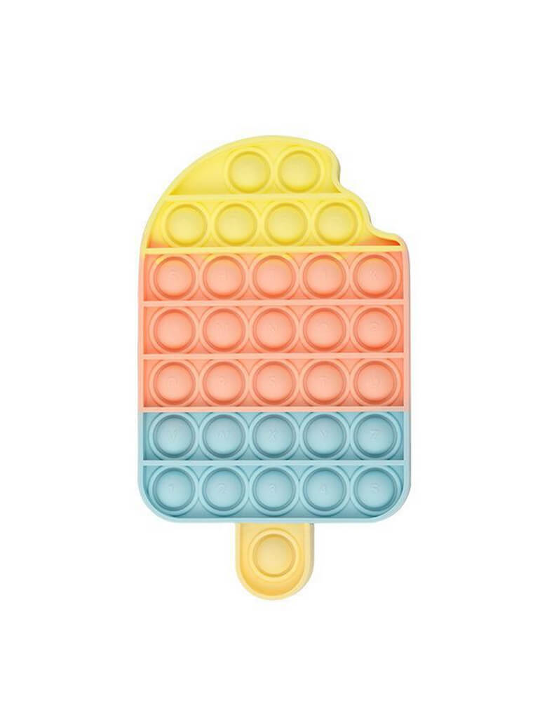 Popsicle Pop-it Fidget Toy in a pastel yellow, coral and blue color.  This popular fidget toy is perfect stress relief sensory toy for you to fidget again and again, it relieving stress helps restore mood, family necessities, parent-child games, autism, games that the elderly, children and adults can play. It also perfect for your ice cream themed party activities, play games, as a coaster, as a frisbee, decompression toy, etc. 