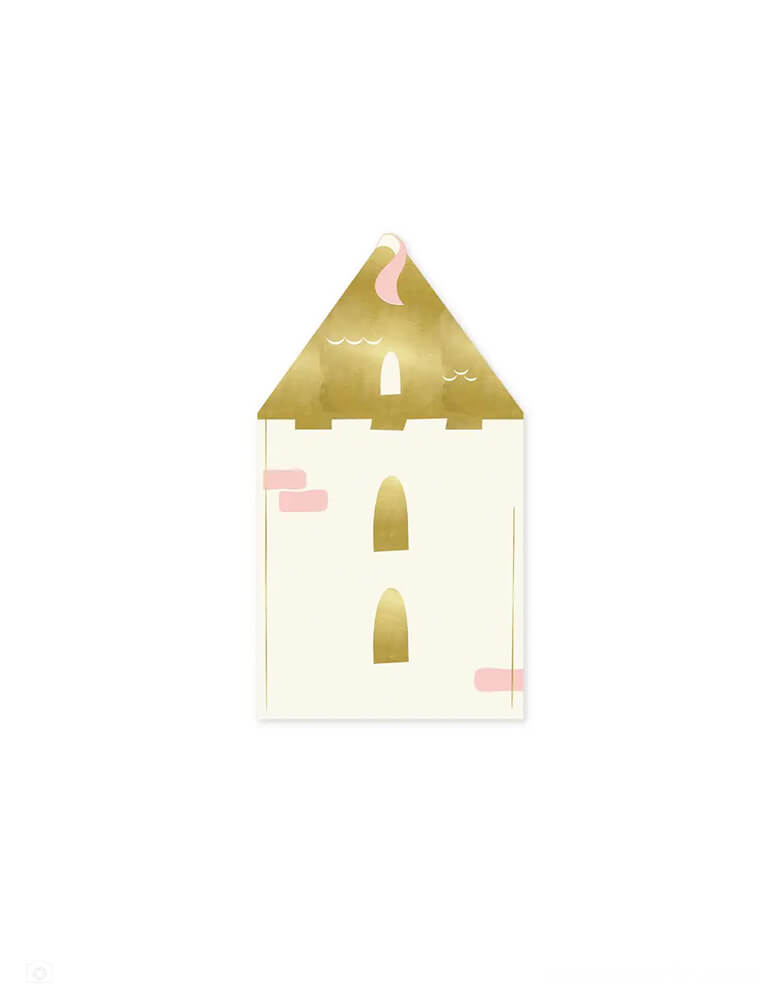 Momo Party's 4.5 x 7.5" princess castle shaped guests napkins by My Mind's Eye. Die cut into a whimsical turret shape with gold foil accents these guest napkins are sure to make a magical table scape fit for a fairy tale birthday party.