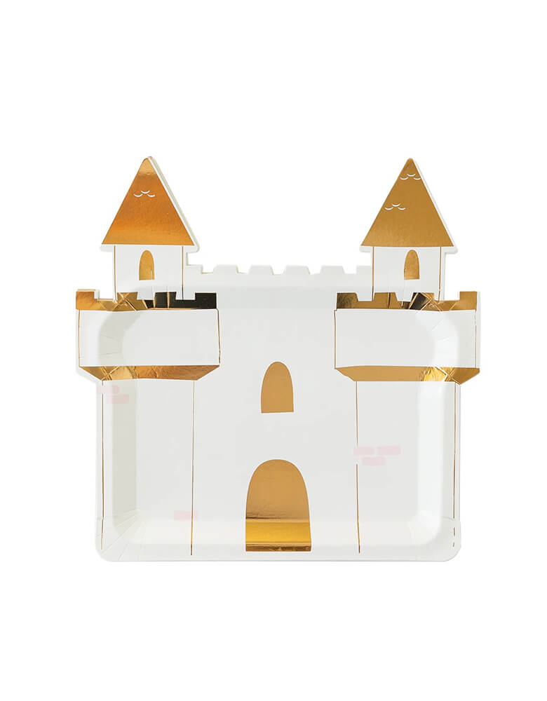 Momo Party's Princess Castle Shaped Plates by My Mind's Eye. Designed with a magical castle shape with gold foil accents these die cut plates create a whimsical table scape.