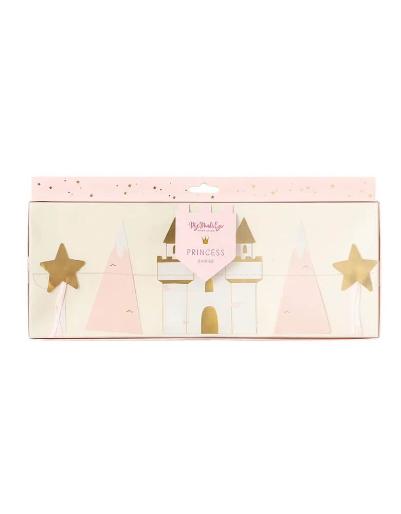 Momo Party's 5.5" princess icon banner by My Mind's Eye. This banner includes story book icons with gold foil accents that will transform any space into magical kingdom fit for your princess. Perfect for princess themed birthday parties or to decorate your little girl's room.