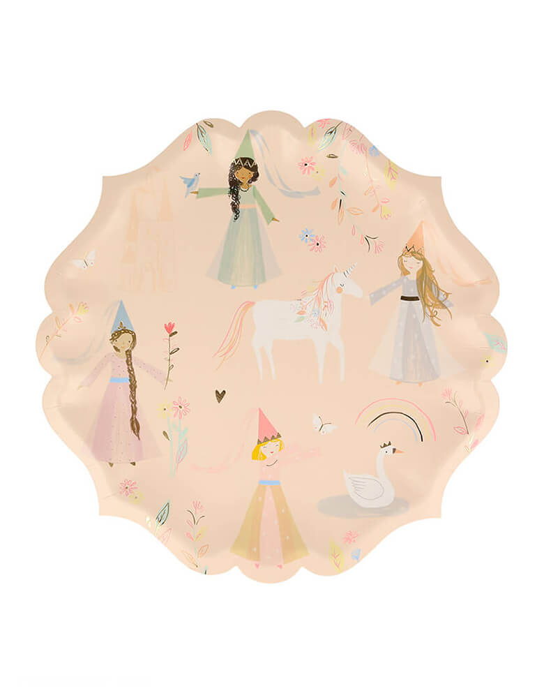 Meri Meri Princess Large Plates. These beautifully illustrated plates featuring pretty princesses, a unicorn, swan and castle, and have a delightful curved border. They are the perfect way to add royal style to your party.
