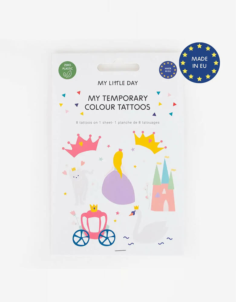 Momo Party's princess temporary tattoo set of 8 by My Little Day,  featuring a princess, crowns, a castle, a swan and a carriage is great for kid's princess themed birthdays. They also make a great goodie bag filler. 