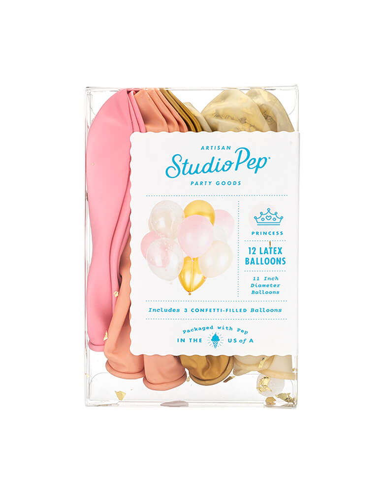 A clear plastic packaging box of Studio Pep - Princess Classic Latex Balloon Mix. pack of 12, 9 solid colored balloons mixed with gold, pink, pearl peach balloons and 3 pre-filled balloons in a perfect color combo. Add this fun balloon bunch to your Princess themed party, any girls party, baby shower, bridal shower or any type of celebration!