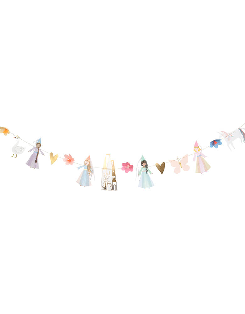 Meri Meri Princess Garland, 12 feet long, Feathering 14 pennants, which are foiled and printed on both sides, including princesses, a unicorn, flowers, a butterfly, a magical castle, gold hearts and a swan.