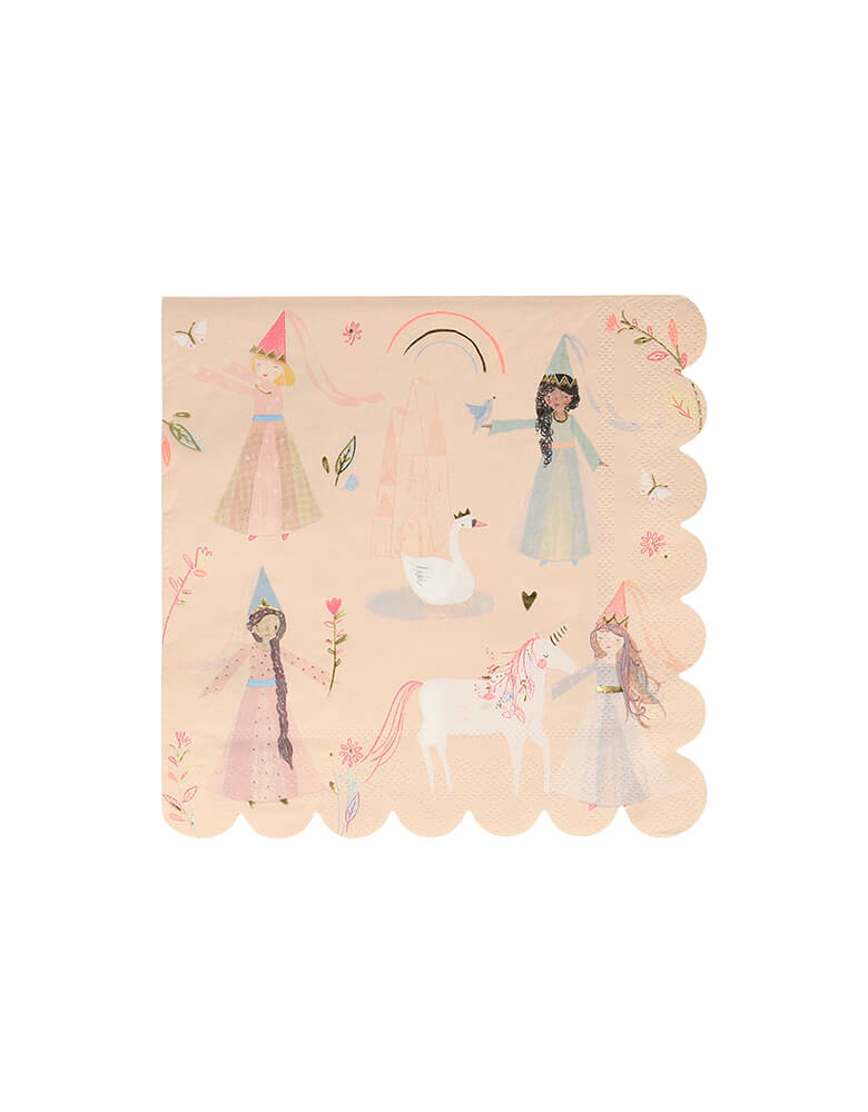 Meri Meri Princess Large Napkins. These darling Practical and stylish napkins, featuring pretty princesses, a unicorn, swan and castle, and have a sensational scallop edge.