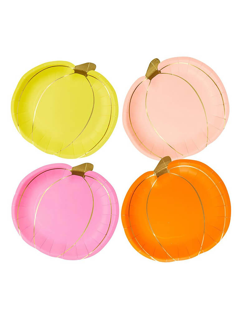 Talking Tables - Pumpkin Shaped Paper Plates. This frightfully fabulous pack of 8 pumpkin plates contains pumpkin shaped plates in 4 different autumnal neon shades: yellow, blush, pink and orange with gold foil details. The perfect tableware for autumn dinners, a Halloween party or Thanksgiving meal. 