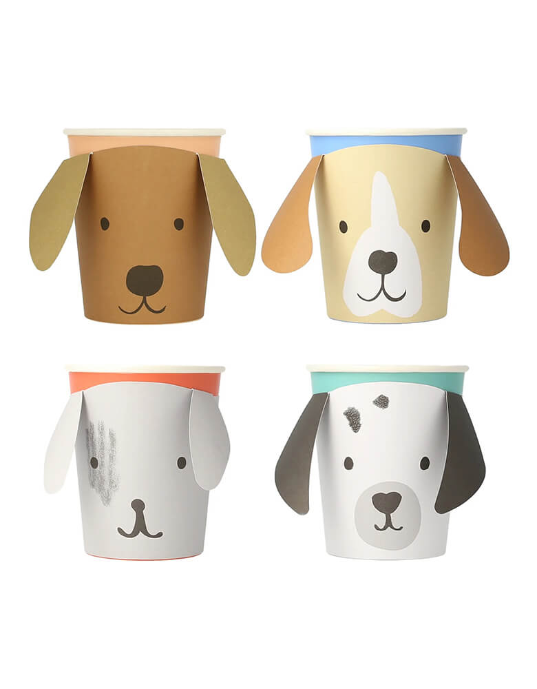 Momo Party's 9 oz puppy cups by Meri Meri, comes in a set of 8 cups in 4 difference designs of dog breeds, these adorable 3D cups. Their droopy ears, and sweet faces, will definitely delight your guests. As well as drinks, they are perfect to fill with popcorn, sweet treats and party favors. They're simply perfect for your kid's puppy or dog themed birthday party.