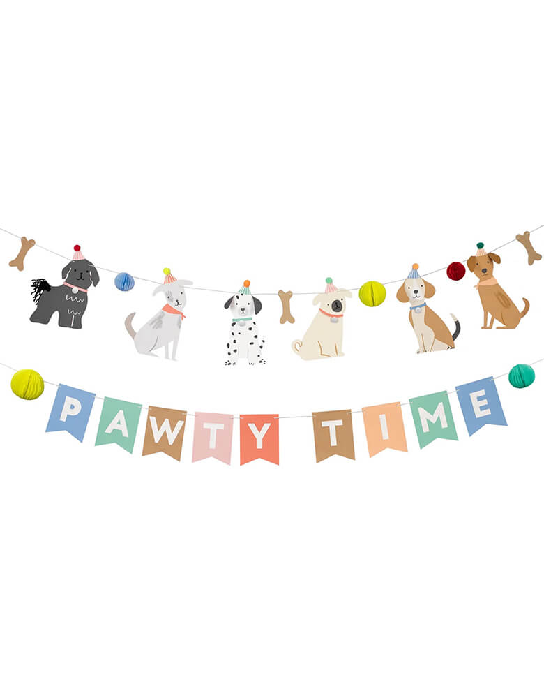 Momo Party's 10 ft puppy garland set by Meri Meri, featuring furry friends with embellished tails and pompom hats, bones and honeycomb balls. It's a perfect decoration for a dog or puppy themed birthday party celebration for kids or adults.
