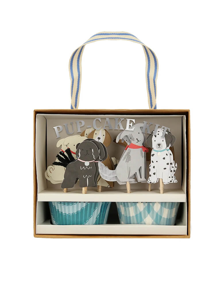 Momo Party's Puppy party cupcake kit by Meri Meri, comes in a set of 24 toppers in 6 designs with black yarn and grey felt tail details, it's perfect for kid's puppy or dog themed birthday party or paw-ty..