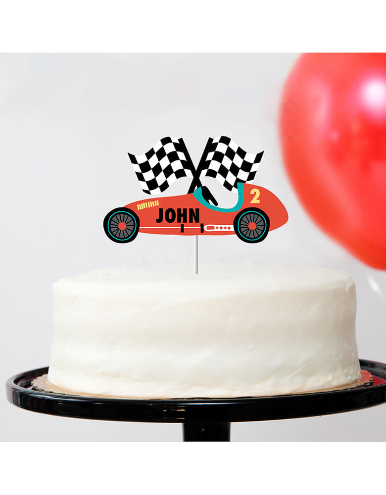 Merrilulu's Custom Race Car Cake Topper on a birthday cake for a kid's race car themed party