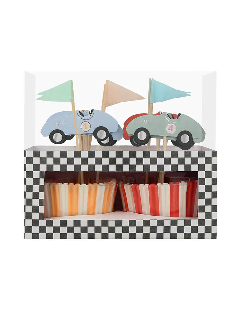 Momo Party's Race Car Cupcake Kit by Meri Meri, comes in a set of 24 toppers in 7 designs including vintage race car toppers and race car flags, this set of cupcake kit is perfect for kid's race car themed party.