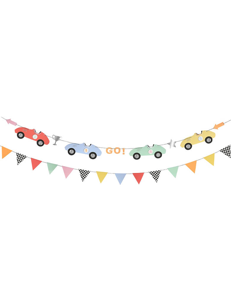 Momo Party's 10 ft vintage race car garland set by Meri Meri, will add a nostalgic look to you kid's race car themed party with this vintage-inspired garland featuring classic race cars. perfect for a "two fast" 2nd birthday party!