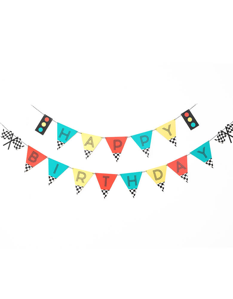 Merrilulu Race Car Happy Birthday Banner Set with color flags and checkered race car flag designs