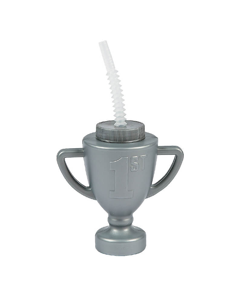 Race Car Trophy Cup  with lid and straw 13760751. size in 5 x 5 1/2 inches; 14 oz capacity with plastic made, Re-usable sipper for a race car party 
