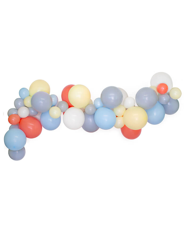 Race Car Balloon Garland with a mix of grey, coral, pastel yellow, blue, white latex balloons for kid's race car themed birthday parties