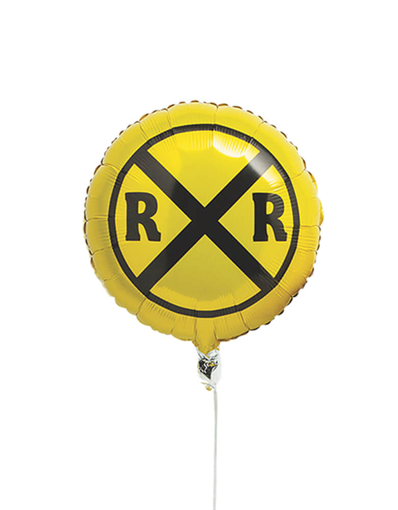 Train 18" Mylar Balloons by Fun express. This Railroad Crossing Sign Foil Balloon featuring a rounded yellow foil balloon with black Railroad crossing sign print on it. it's prefect for a train themed birthday party