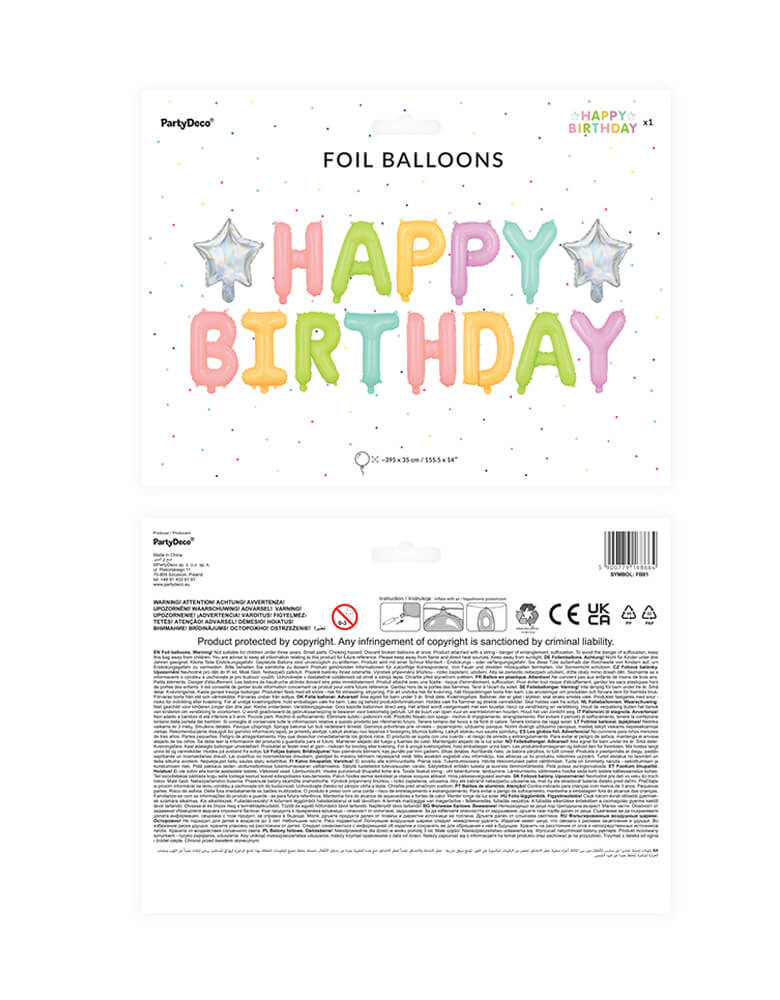 Package of Party Deco - Rainbow Happy Birthday Foil Balloon Set. Celebrate birthdays in style with this fabulous rainbow happy birthday foil balloon set in multiple colors. Spelling out "Happy Birthday" in 5 cheerful colors of yellow, pink pink, light green, mint and lilac, this balloon set comes with two iridescent star balloons for the extra magic!