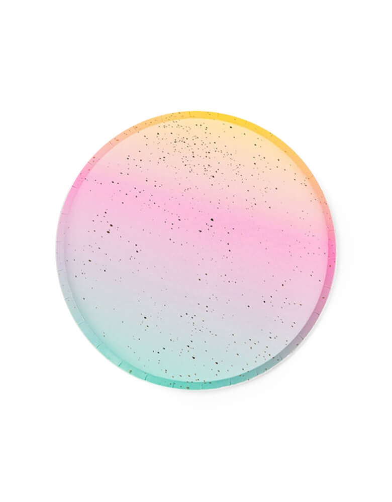 Momo Party's Rainbow Ombre Side Plates. Featuring a delicate low profile rim with a flat base in double-sided color. These 7 inches party paper plates are great for a rainbow, unicorn,or mermaid themed party!