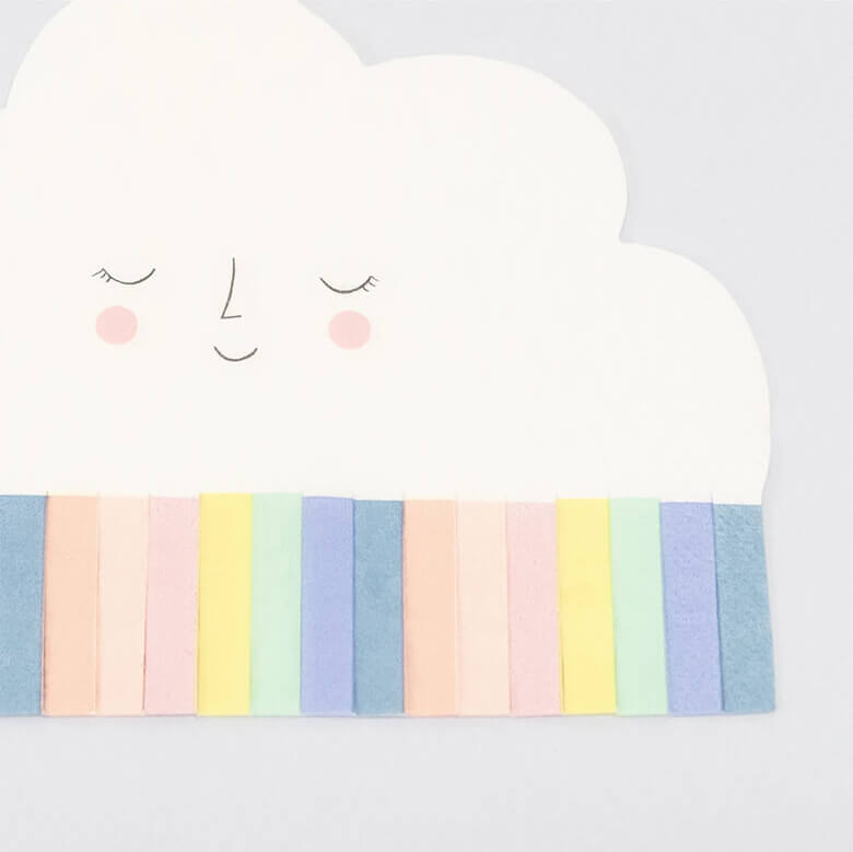 close up details of They feature a cloud with a sweetly smiling face and colorful fringed paper. They are perfect for any celebration, including baby showers or birthdays.