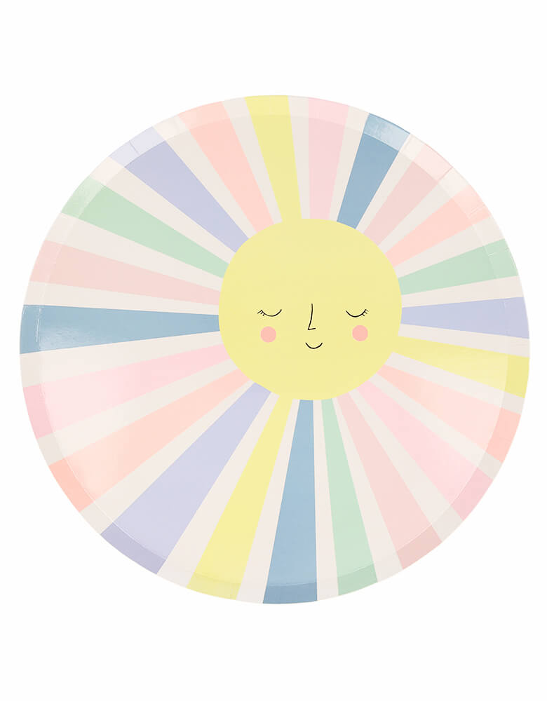 meri Meri Rainbow Sun Dinner Plates. They feature a smiling sun with lots of colorful rays. They are perfect for any celebration, including baby showers or birthdays.