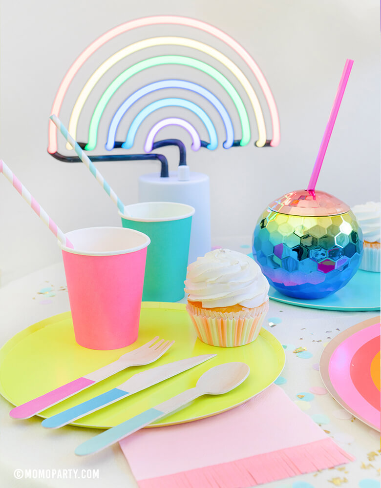 Rainbow party dessert table look with Oh happy day rainbow paper cups, Rainbow color Large paper plates, Blush Rainbow Ombre Disco Ball Tumbler, Hyper Tropical Wooden Cutlery Set, StudioPep Cupcake Artisan Confetti