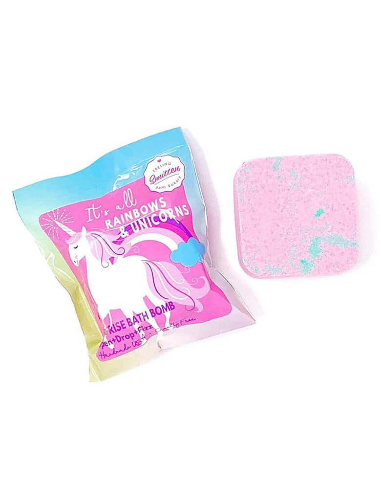 Feeling Smitten - Rainbows & Unicorns Surprise Bath Bomb. featuring a rainbow/unicorn treasure in every bath bomb.   Each bath bomb features an assorted rainbow/unicorn treasure Have some fizzy fun with no sulfates or parabens. Handcrafted in the USA.
