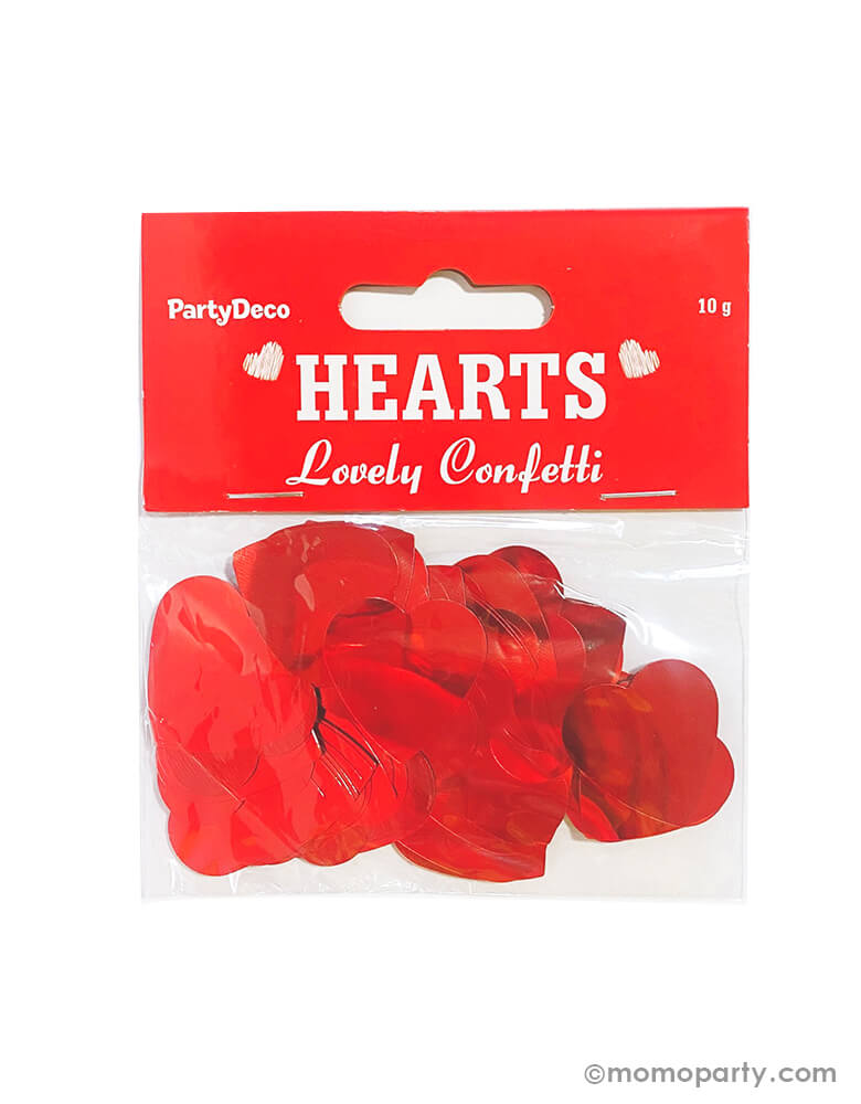Party Deco - Red Heart Confetti in a clear package. Add some love to your Valentine's or Galentine's Day celebration by spreading this set of heart shaped confetti in metallic red to your table!