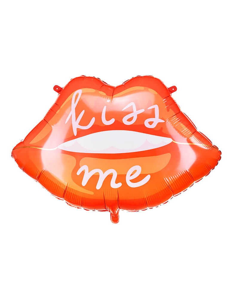 Momo Party's 34 x 25.5 kissing lips shaped foil balloon by Party Deco, in the color of bold red with the message of "kiss me" written on the balloon , it makes a perfect addition to your romantic Valentine's Day celebration with your loved one. 