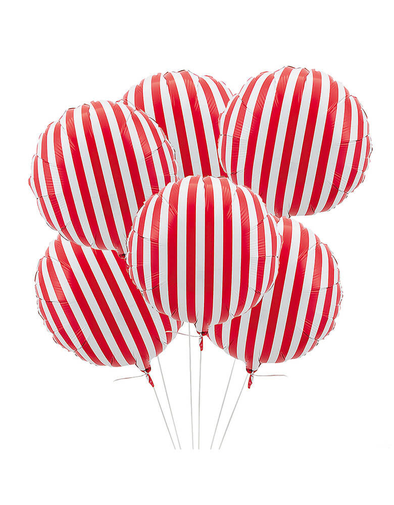 Momo Party's 18" Junior Vertical Red Striped Foil Balloon by Fun Express, it's a perfect balloon decoration for kid's circus, carnival or fire truck themed birthday party!