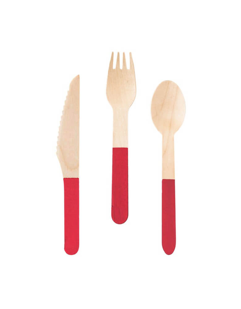 high quality knives, forks and spoons Set, crafted in pale birch wood and decorated with red dipped handles.
