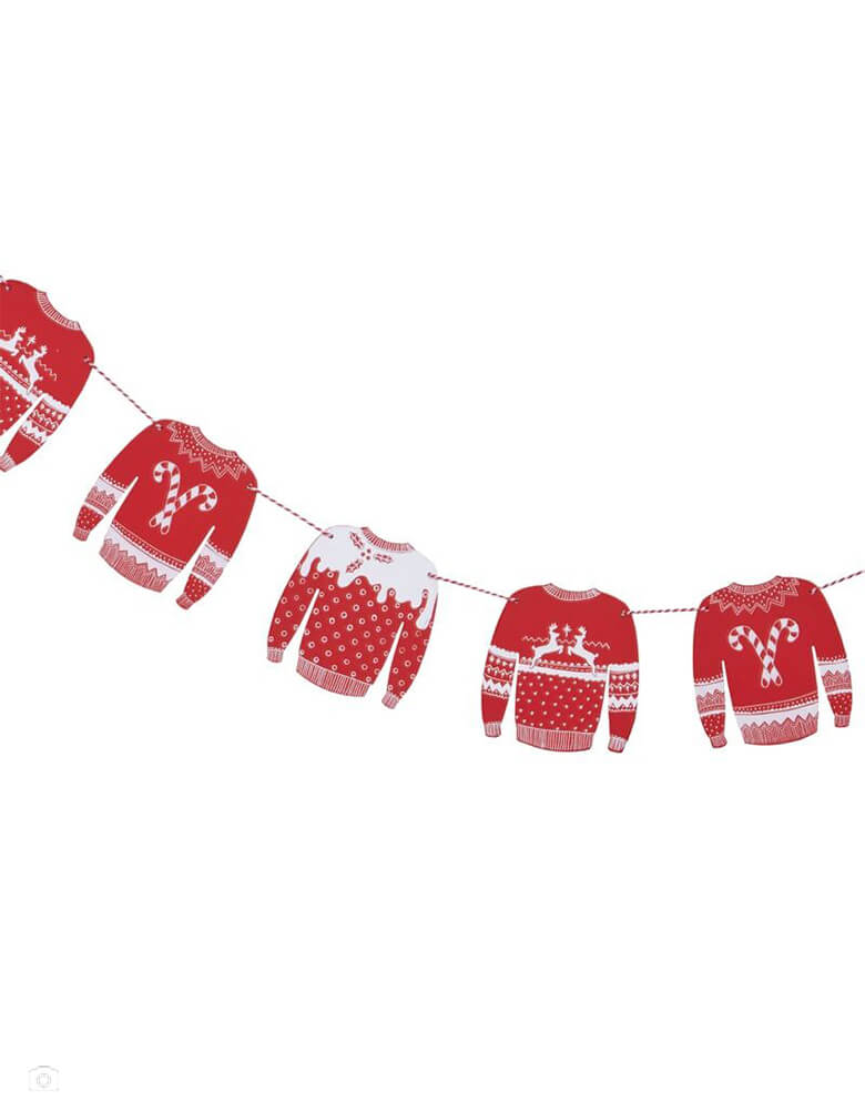 Ginger Ray - RED AND WHITE FESTIVE JUMPER WOODEN BUNTING - COSY CHRISTMAS. Featuring 8 sweater pennant in red and white color. Create a cozy feel in your home this Christmas with this unique red and white Christmas Sweater wooden garland. This garland has 3 sweater designs which are strung together with red and white twine. Perfect for decorating your mantelpiece or hanging on walls Hanging on walls for your holiday celebration and ugly sweater party