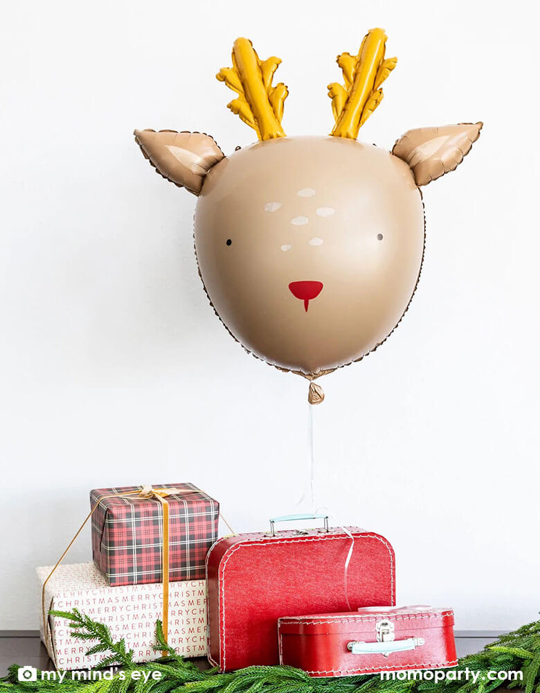Adorable Rudolph the reindeer balloon by My Minds Eye for a delightful holiday season. Party decor that will be loved by kids and adults, this reindeer balloon will set a joyful and merry mood as you wait for Santa Claus and reindeers. Decorate your home easily with this lovable reindeer balloon 26 inch in size. The red and gold colors work beautifully with other Christmas ornaments, forest winter and gingham decor at momoparty.com. Have it near the tree or Christmas gift boxes for the enjoyment of guests.