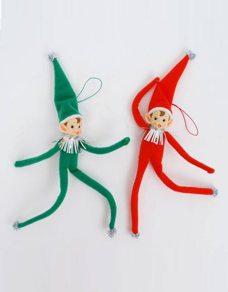 One hundred and eighty 10" retro elf ornaments in green and red