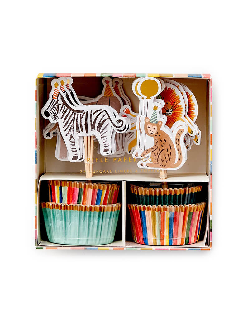 Rifle-Paper-Co Party Animals Cupcake Kit. This kit contains 24 assorted liners and 24 assorted toppers, with illustrated designs including zebras, lions, monkeys, elephants and gold foil accents. This modern designed cupcake kit will make your homemade sweet treats even more special