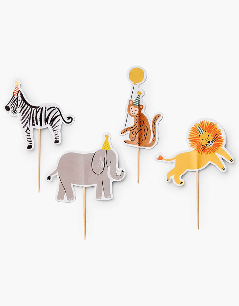 Morden illustrated designed zebras, lions, monkeys, elephants topper from Rifle-Paper-Co Party Animals Cupcake Kit. 