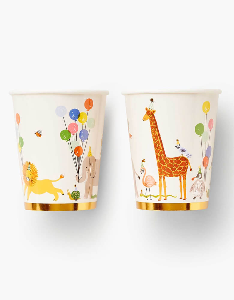 Rifle Paper Co - Party Animals Cups. Featuring a parade of adorable animals march around the paper cups  like lion, elephants, snail, flamingo, giraffe, penguin, parrot with party hats and balloons, presents. they add extra fun to your celebration!