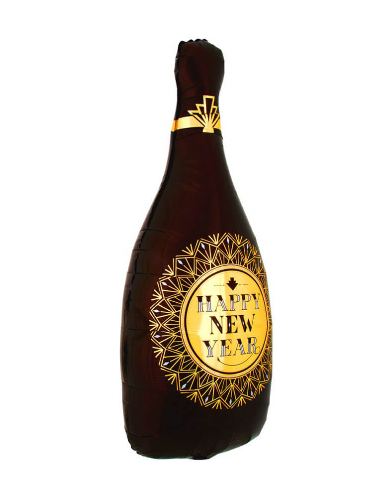 Momo Party's 36" Roaring Twenties New Year Bottle Shaped Foil Balloon by Anagram Balloons in black and gold glamorous colors, perfect for a New Year's Eve celebration for new year countdown party!