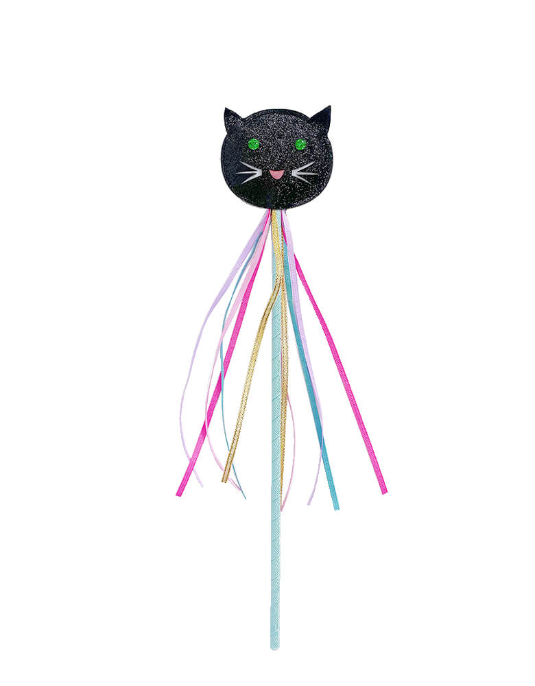 rockahula kids - Lucky Black Cat Wand. Featuring black shining glitter black cat with green eyes, a happy face with beautiful colored ribbons, this is the perfect wand for imagination adventures or a fun addition to your little one's Halloween dressing up box! 