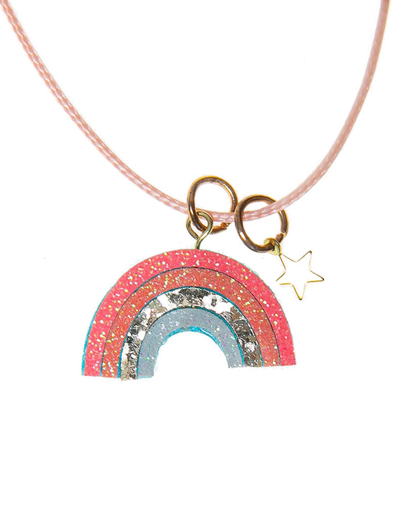close up details of Rockahula Rainbow Bright Necklace. features our cheerful glitter rainbow and tiny gold star on a pretty coral cord
