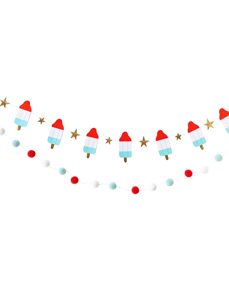 Rocket Pop Paper Banner Set by My Mind's Eye. This banner set includes a die cut rocket pop banner and a matching read, white and blue pom pom banner that will add fun and festive flair to any space! From poolside parties and backyard barbeques to everyday spaces like mantels and bookcases, this banner set the perfect touch of whimsy to add to your space this summer!