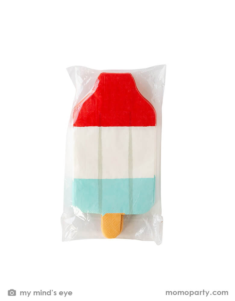 Rocket Pop Shaped Paper Guest Towel Napkins by My Mind's Eye in a clear package. Featuring a bright red, white and blue stripes pocket pop shaped napkin. From poolside to picnic bench, these die cut rocket pop are ready to be there for you and guests at your summer time gatherings, 4th of July celebration, 4th of July Patriotic party, Memorial day, summer party