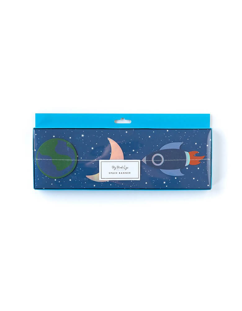 My Minds Eye 4 ft Rocket-Space-Mini-Banner with rockets, planets, moons, suns, and stars in its packaging