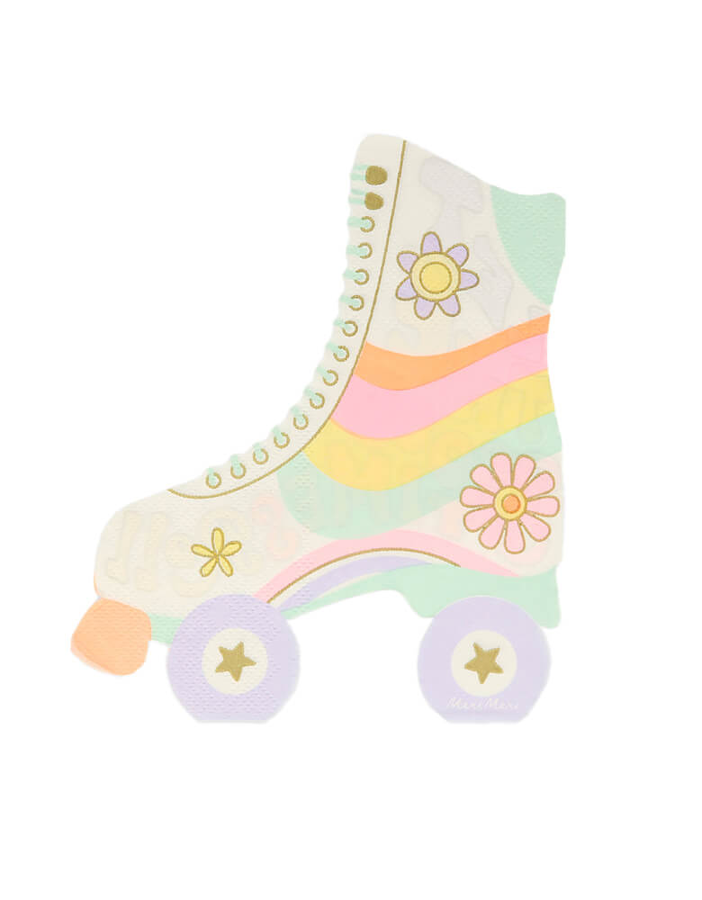 Back look of Roller Skate Napkins by Meri Meri. Featuring 3-ply paper, with shiny gold foil detail, colorful rainbow and flowers on a roller skate die cut shaped napkin. Transform your party table into a roller rink with these fabulous napkins